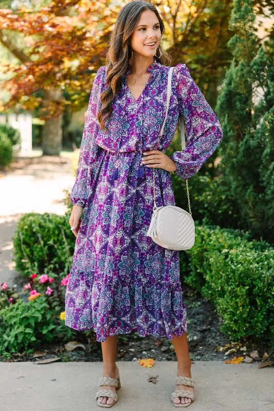 Fate: Find Your Love Plum Purple Floral Midi Dress Cozy Midi Dress with Pockets