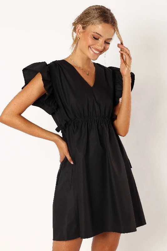 Fiona Ruffle Sleeve Mini Dress - Black Casual Mini Dress with Pockets