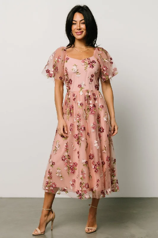 Gwyneth Tulle Midi Dress | Blush Floral Stylish Off-Shoulder Ruffle Dress