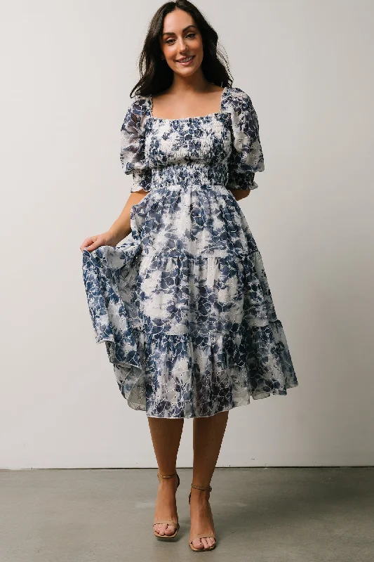 Hazel Eyelet Midi Dress | Navy Elegant Lace Trim Midi Dress