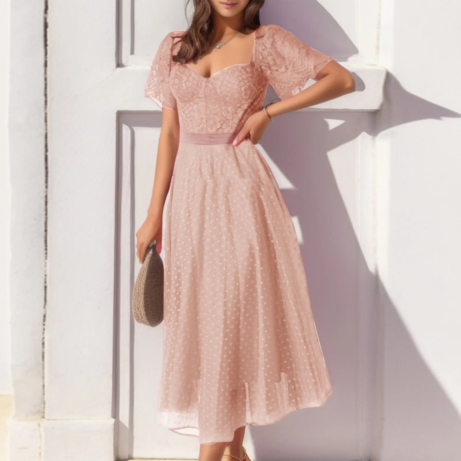 DressBetty - 2024 High Waist Vintage Square Collar Tulle Long Summer Midi Dress Elegant Maxi-Midi Hybrid Dress