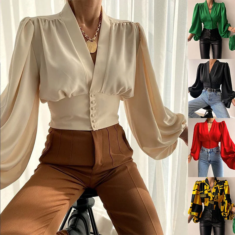 J&H 2023 hot sale S-5XL sexy v neck corset top women elegance puff sleeve fashion blouse shirts casual fall clothes whoelseale Casual Oversized Short Shirt