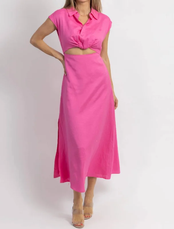 Jacey Button Down Midi Dress In Pink Trendy Ruched Side Midi Dress