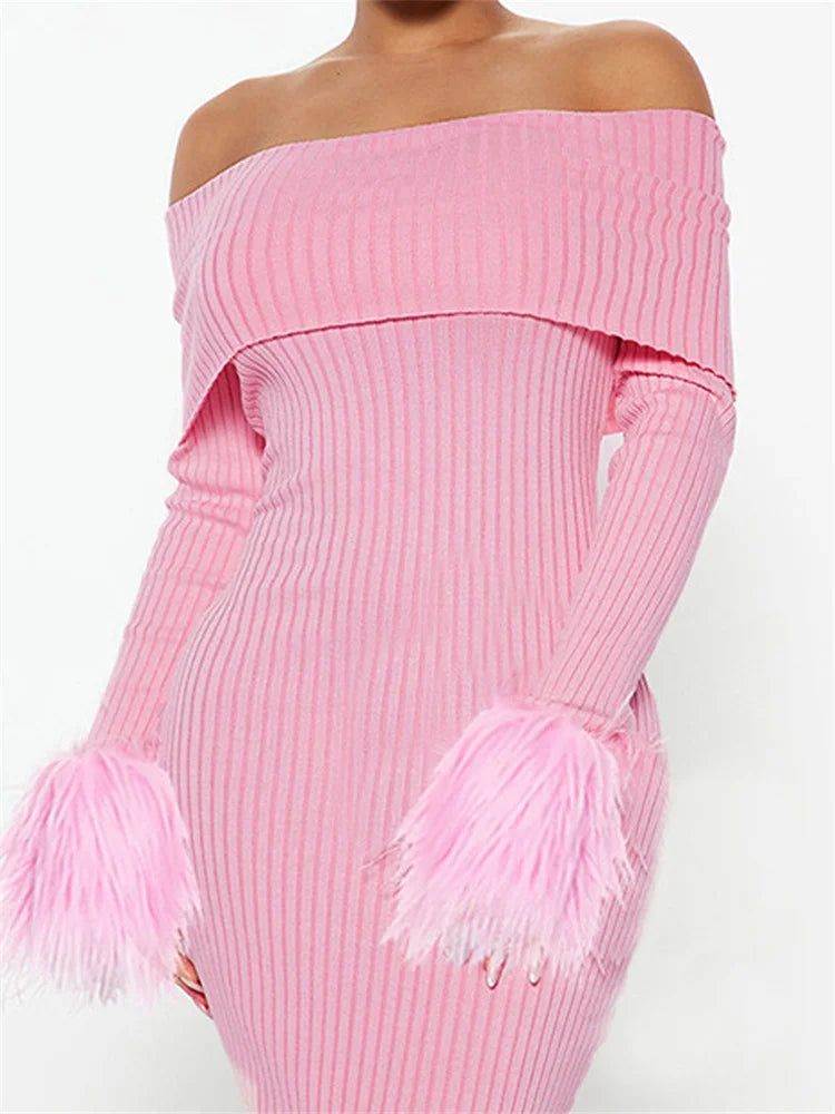 Knitted Long Sleeve Off-Shoulder Fur Patchwork Ribbed Bodycon Midi Dress Elegant Sleeveless Midi Dress