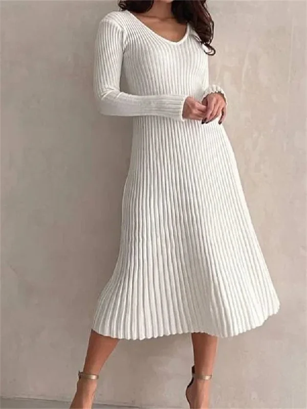 Knitted Ribbed Long Sleeve Slim Fit Solid Autumn Mid Midi Dress Trendy Knit Midi Dress