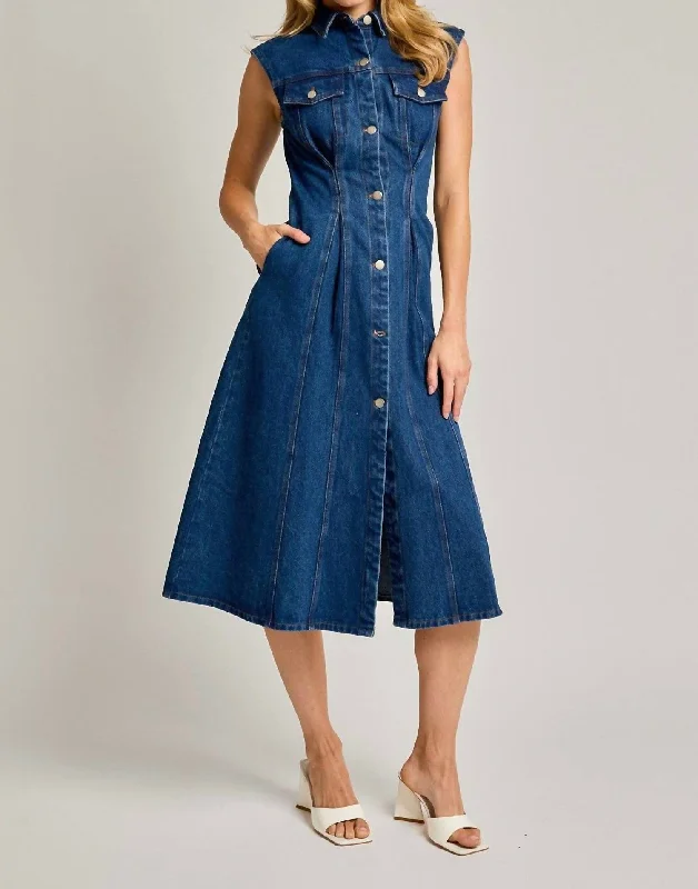 Ky Denim Sleeveless Midi Dress In Medium Wash Comfortable Knitwear Midi Dress