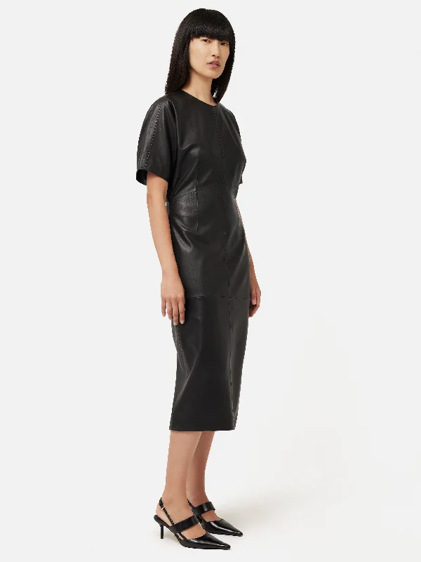 Leather Midi Dress | Black Trendy Fit-and-Flare Midi Dress