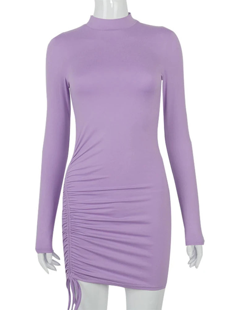 Long Sleeve Ruched Turtleneck Bandage Autumn Black Stretchy Midi Dresses Stylish Satin Midi Dress