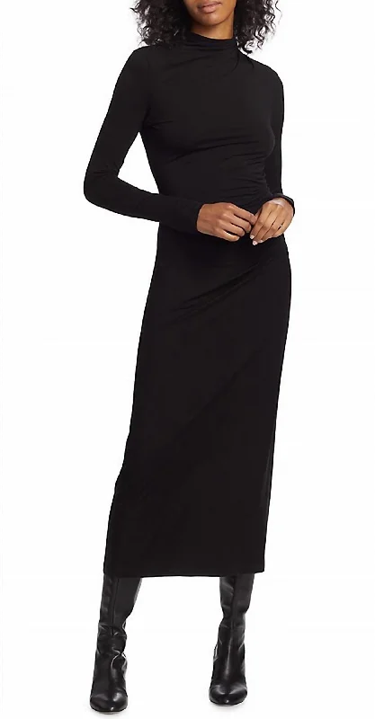 Long Sleeve Turtle Neck Ruched Midi Dress In Black Trendy Long Sleeve Midi Dress