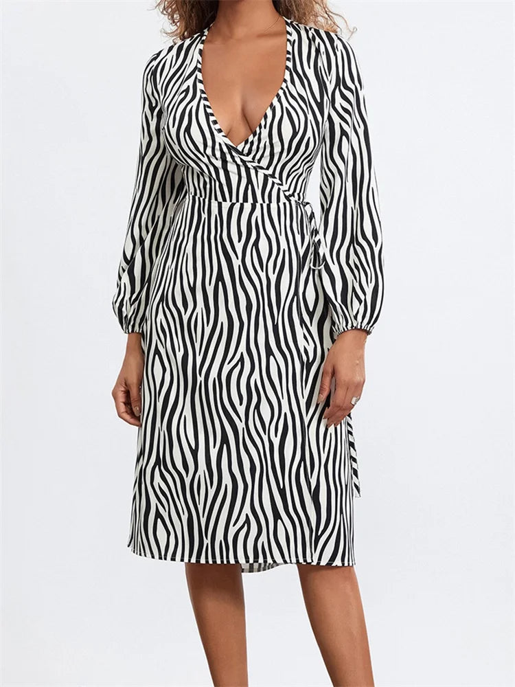 Long Sleeve V-Neck Zebra Striped Print Tie-Up Casual Midi Dress Comfortable Sleeveless Midi Dress