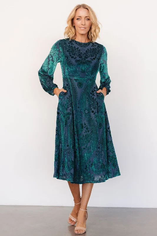 Lorielle Velvet Midi Dress | Emerald Print Trendy Midi Dress with Belt