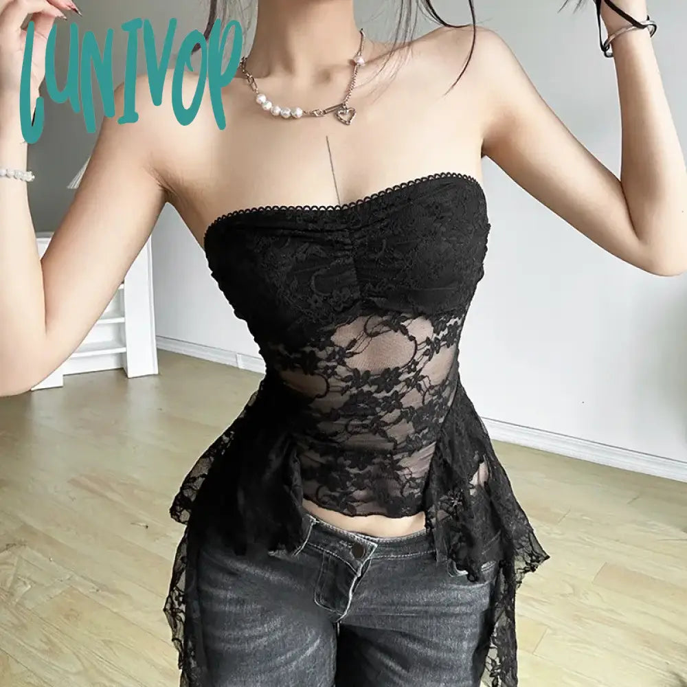 Lunivop Women Y2K Crop Lace Tube Tops Summer Ruffles Tassel Sheer Bandeau Vest Backless Shirts for Streetwear Vintage Aesthetic Clothes Classic Button-Up Short Tee