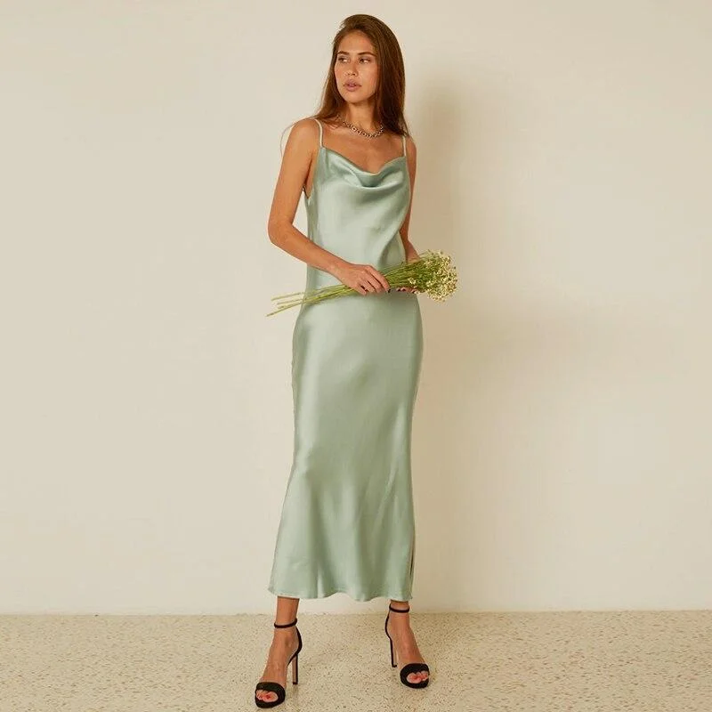 FashionSierra - Mint Green Strap Satin Party Nightclub Midi Dress Elegant V-Neck Midi Dress