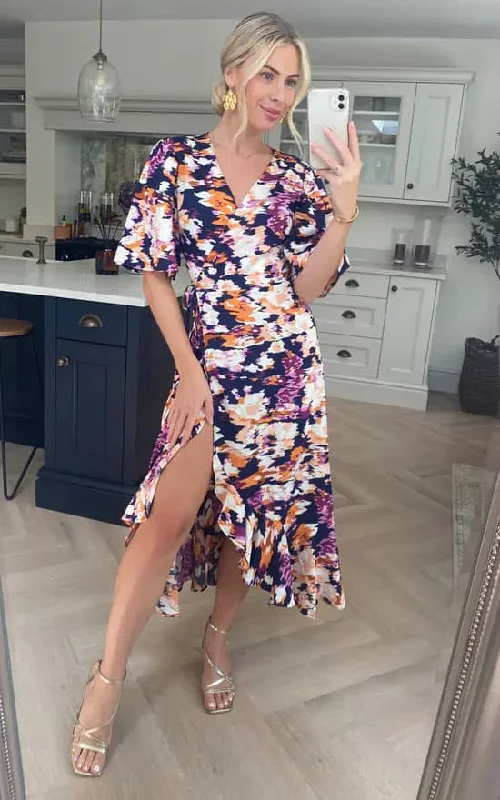 Multi Print Wrap Midi Dress Trendy Smocked Detail Midi Dress