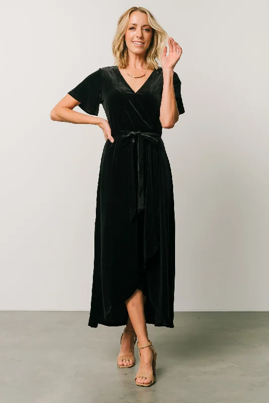 Nadine Velvet Midi Dress | Black Trendy Ruffle Hem Midi Dress