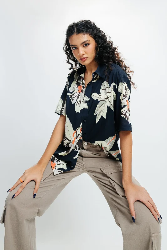 Navy Floral Print Shirt Comfortable Peplum Short Shirt