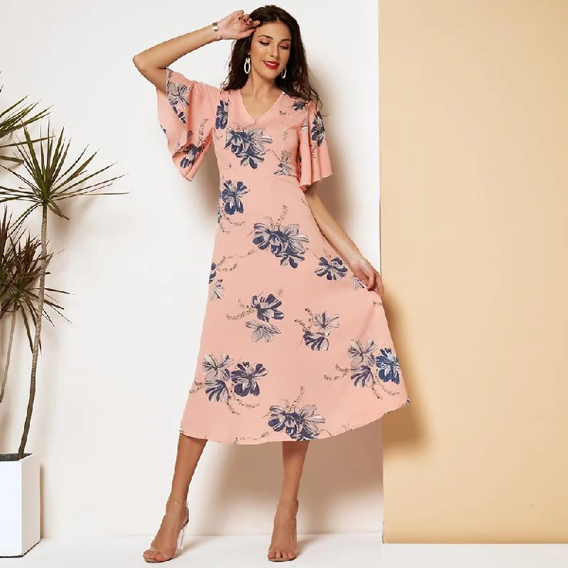 FashionSierra - New Summer Dress Women Pink Floral Printing V-neck Slim-fiitted Ruffle Short Sleeves A-line Thin Chiffon Sweet Midi Dresses Fashionable Shift Midi Dress