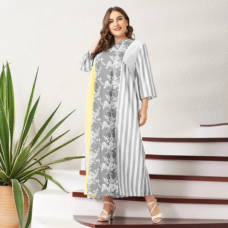 FashionSierra - Summer Midi Dress Women Multi-color Floral Striped Chiffon Loose Casual Holiday Stitching V-neck 3/4 Sleeve Long Robes Trendy Tiered Hem Midi Dress