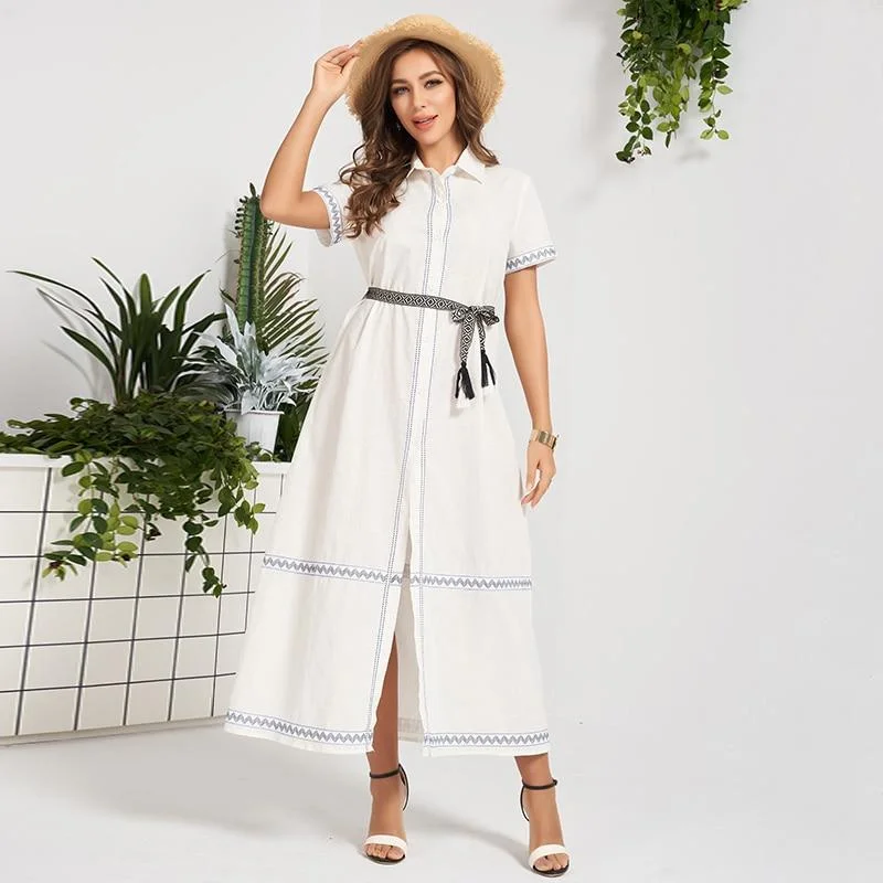 FashionSierra - New Summer Midi Dress Women White Waistbelt Buttons Pure Cotton Casual Bohemia Holiday Style Sweet Short Sleeve Long Robes Fashionable Sheer Sleeve Midi Dress