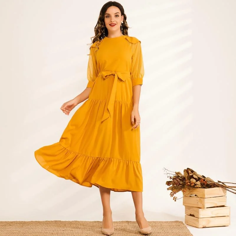 FashionSierra - Summer Midi Dress Women Yellow Ruffled Hem Draped Back Buckle O-neck Mesh Lantern Half Sleeve Loose Casual Elegant Robe Fashionable Wide Leg Midi Dress