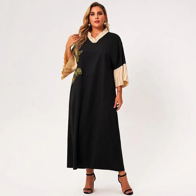 FashionSierra - New Summer Midi Dress Women Plus Size Black Loose Floral Embroidery Petal Collar Stitching 3/4 Sleeve Large Elegant Robes Trendy Midi Dress with Belt