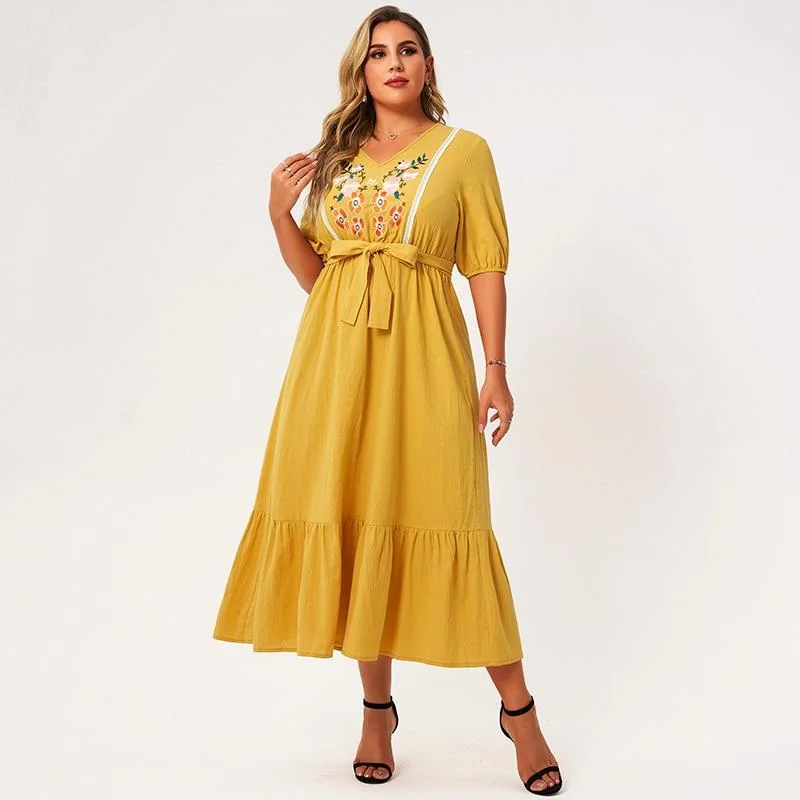 FashionSierra - New Summer Midi Dress Women Plus Size Yellow Loose Floral Embroidery Sashes Lace Ruffle Hem Half Sleeve Large Elegant Robes Elegant Satin Button Midi Dress