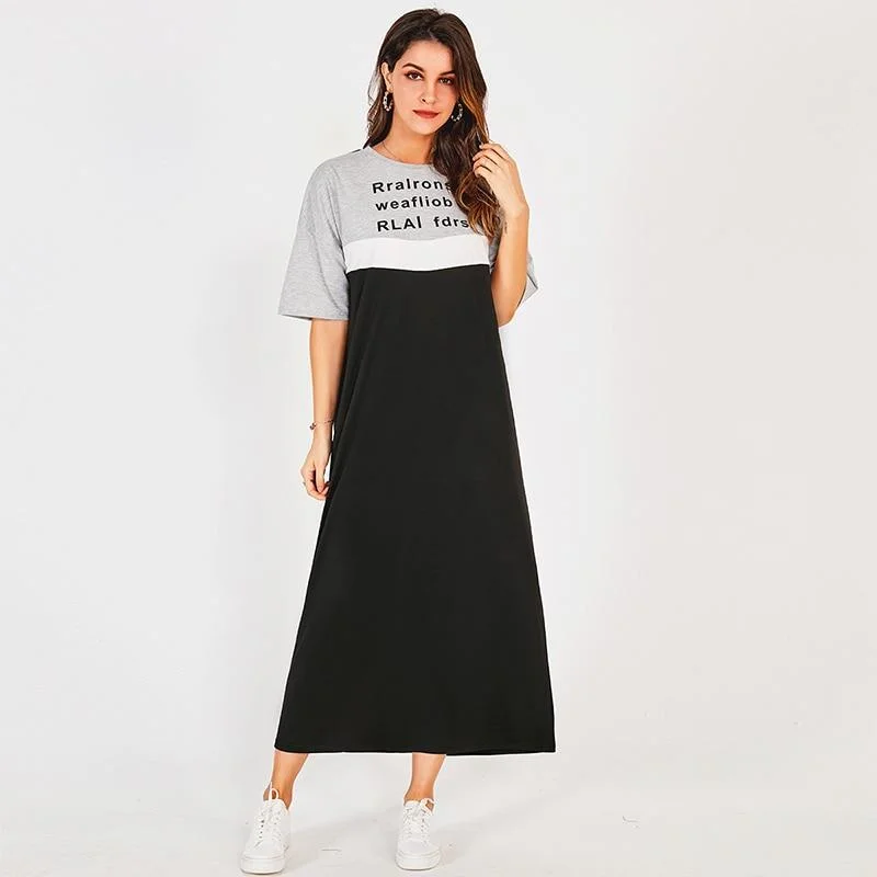 FashionSierra - New Summer Women Long Dress Stitching Black Hit Color Letter Print Casual O-neck Short-sleeved Loose College Midi Dresses Comfortable Sleeveless Midi Dress