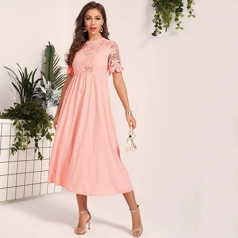 FashionSierra - New Women Lace Dress Sweet Pink Guipure Lace Insert Hollow Out O Neck Fit Flare Midi Dresses Party Dress Summer Comfortable Denim Midi Dress