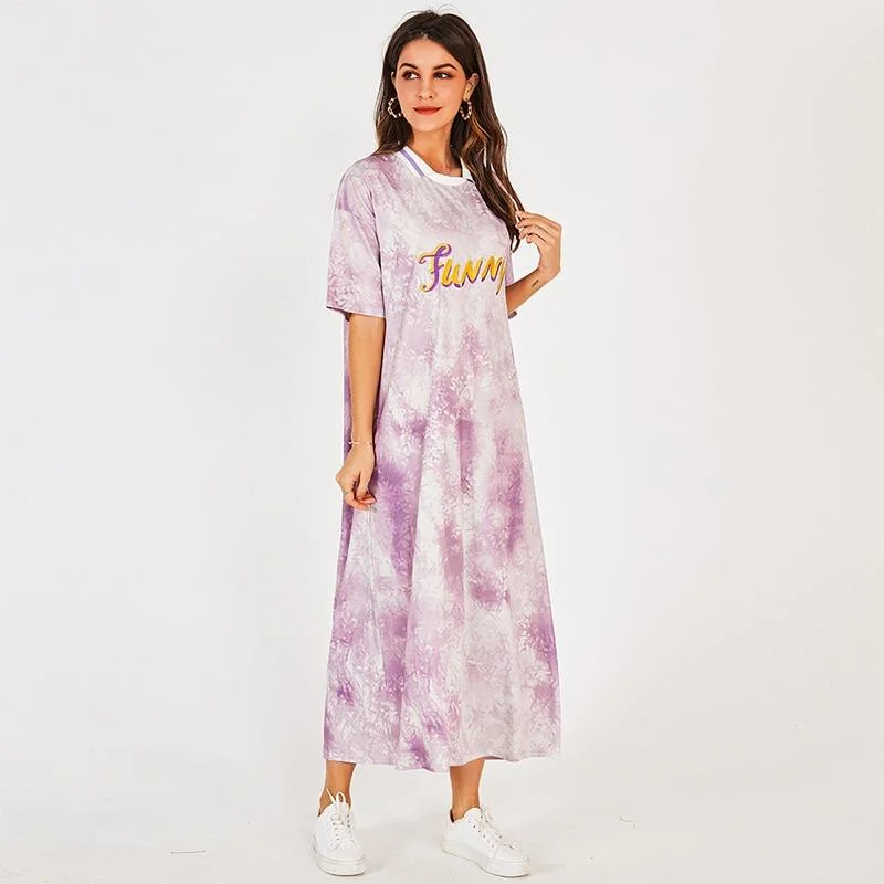 FashionSierra - New Women Summer Long Dress Purple Tie Dye A-line Letter Print Casual Lapel Short-sleeved Loose Sweet Midi Dresses Comfortable Ribbed Midi Dress