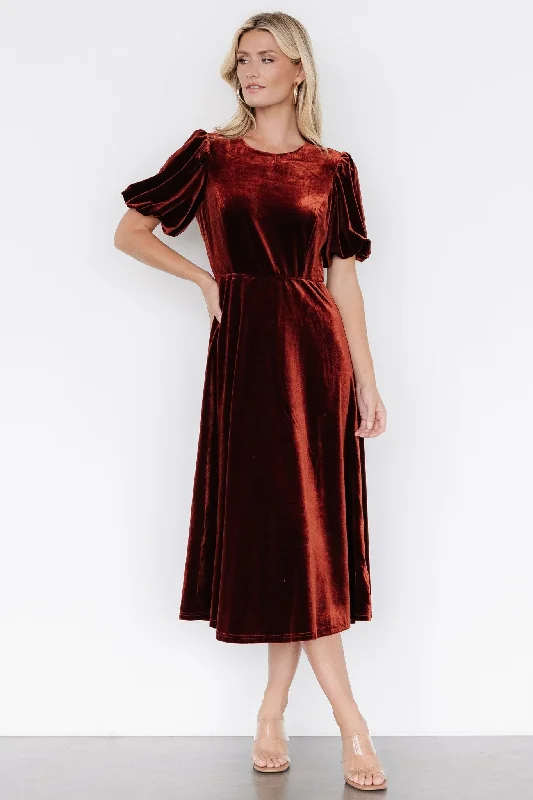 Nita Velvet Midi Dress | Deep Cinnamon Fashionable Shift Midi Dress