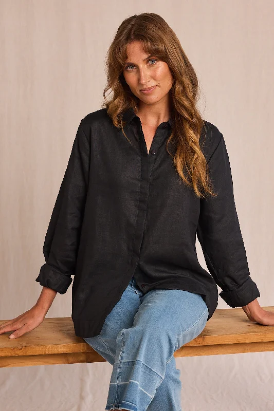 Oversized Linen Boyfriend Shirt in Black Casual Button-Up Short Tee