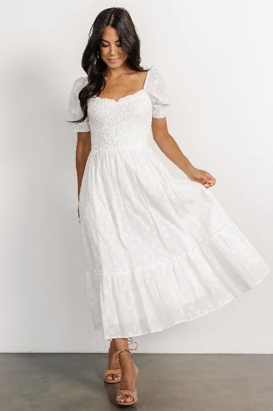 Piper Eyelet Midi Dress | Off White Elegant Pleated Detail Midi Dress