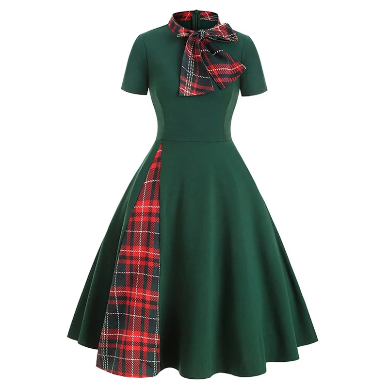 DressBetty - Plaid Patchwork Bow Collar Zipper Short Sleeve Vintage Christmas Costume Retro Office Party Midi Dress Trendy Ruffled Sleeve Midi Dress