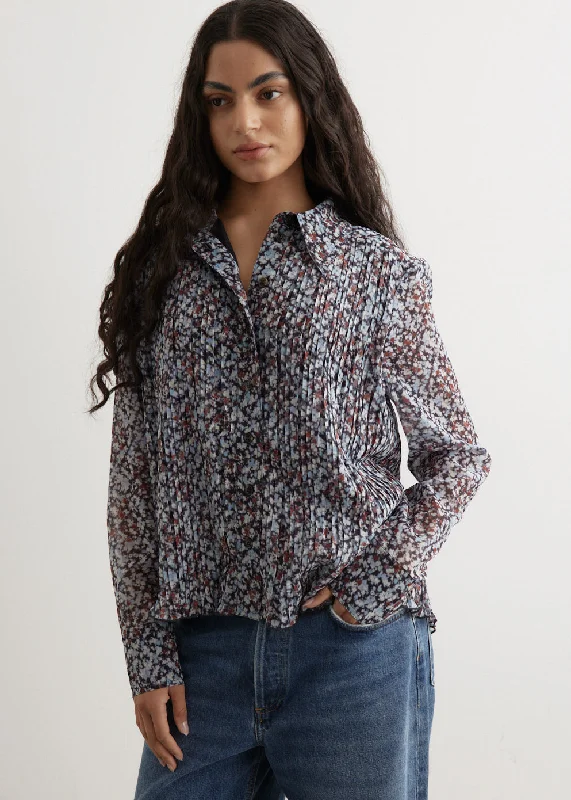 Pleated Georgette Shirt Chic V-Neck Short Blouse