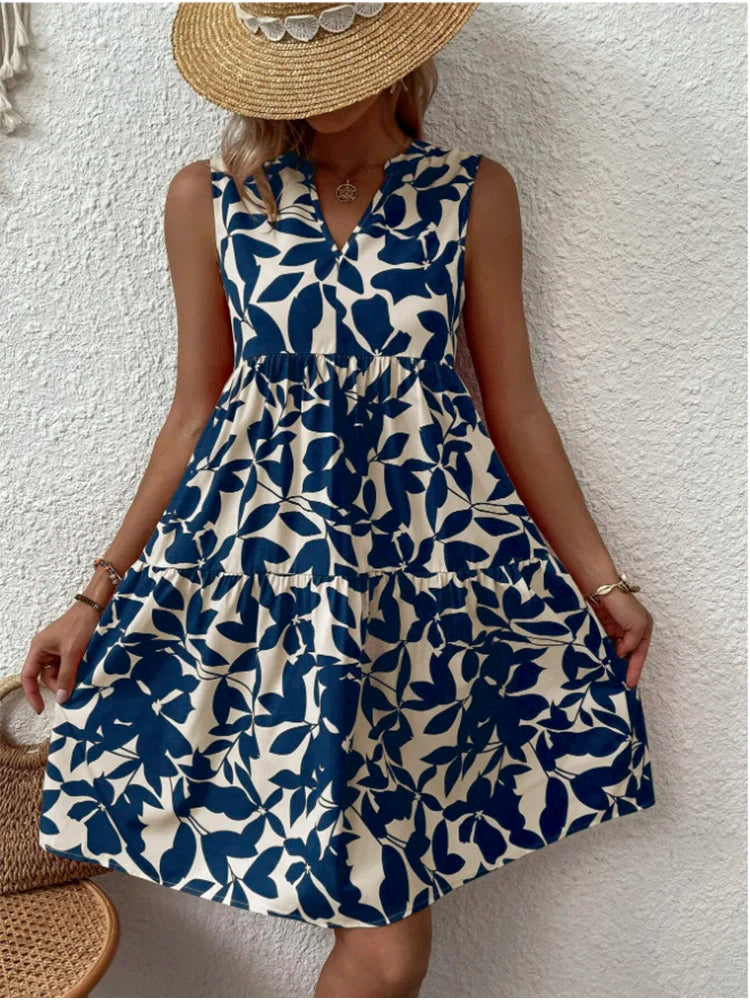 Print Women V Neck Chic Elegant Woman  Beach Knee-length Midi Dresses Comfortable Deep V Midi Dress