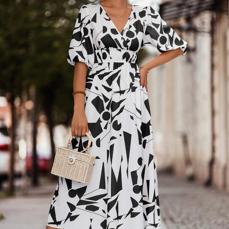 Puffed Sleeve Elegant Commuter Korean Clothes Midi Dresses Elegant Lace Trim Midi Dress