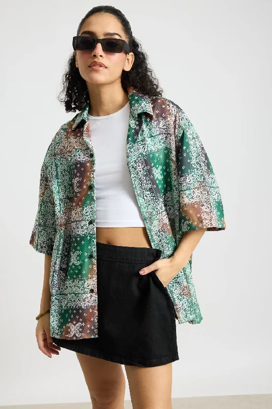 Green Multi Print Women's Resort Shirt Relaxed Button-Down Short Shirt