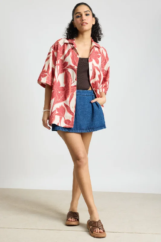 Red Flower Women's Resort Shirt Casual Button-Down Short Shirt