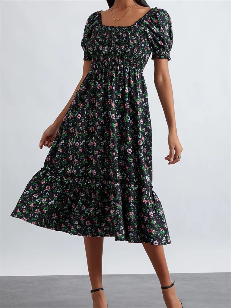 Retro Summer Floral Print Square Neck Short Puff Sleeve Ruched Midi Dress Chic Lace Detail Midi Dress