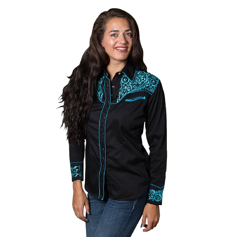 Rockmount Womens Black/Turquoise 100% Cotton Vintage Tooling L/S Shirt Soft Silk Short Sleeve