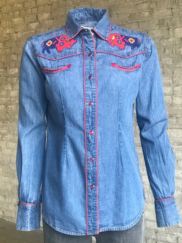 Rockmount Womens Denim 100% Cotton American Bison Western L/S Shirt Relaxed Fit Short Blouse