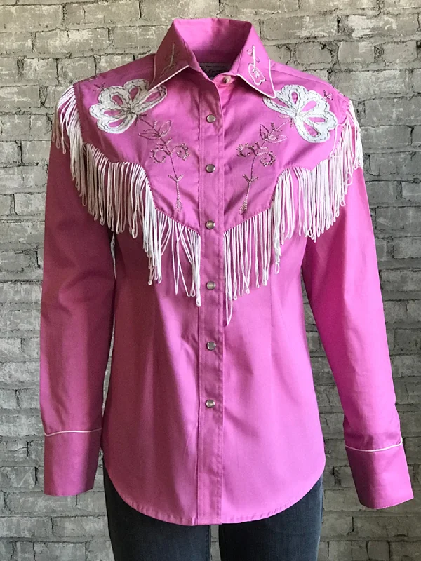 Rockmount Womens Pink 100% Cotton Embroidered Fringe Western L/S Shirt Casual Oversized Short Shirt