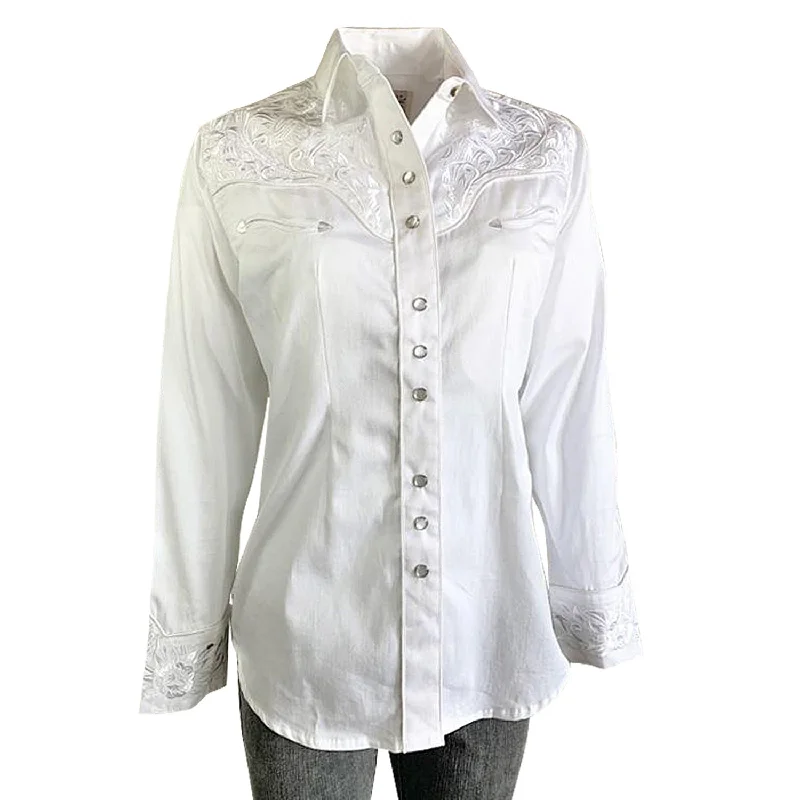 Rockmount Womens White/White 100% Cotton Vintage Tooling Embroidery L/S Shirt Trendy Print Short Sleeve