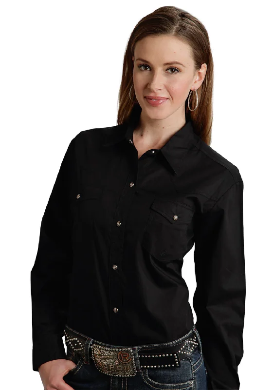 Roper Basic Solid Ladies Black 100% Cotton L/S 2 Pocket Western Shirt Casual Ruffle Short Shirt