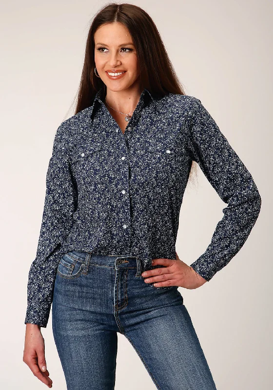 Roper Womens 1498 Floral Navy/White Cotton Blend L/S Shirt Relaxed Fit Short Blouse