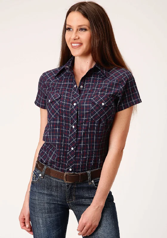 Roper Womens 1513 Windowpane Navy/Red Cotton Blend S/S Shirt Comfortable Flowing Short Sleeve