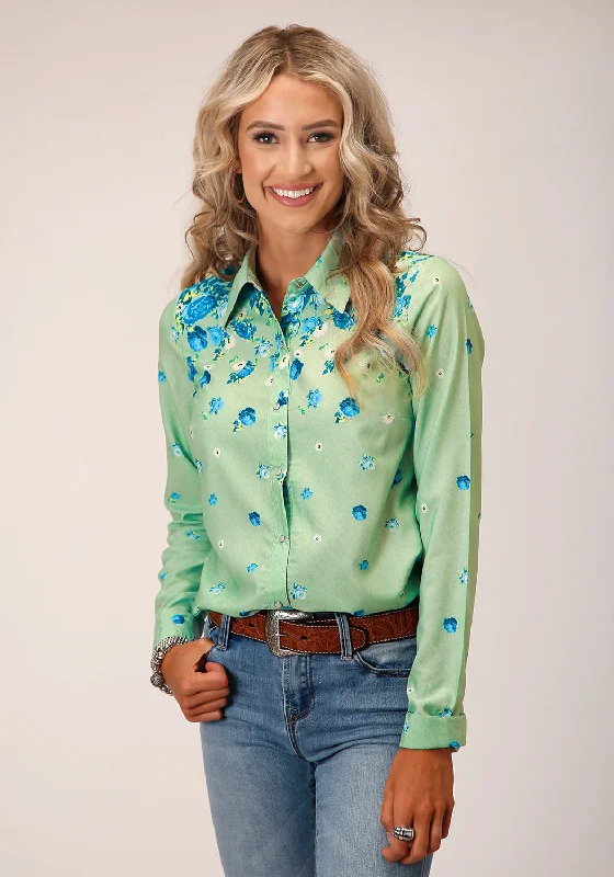 Roper Womens 1545 Summer Floral Green 100% Polyester L/S Shirt Trendy Short Sleeve Blouse