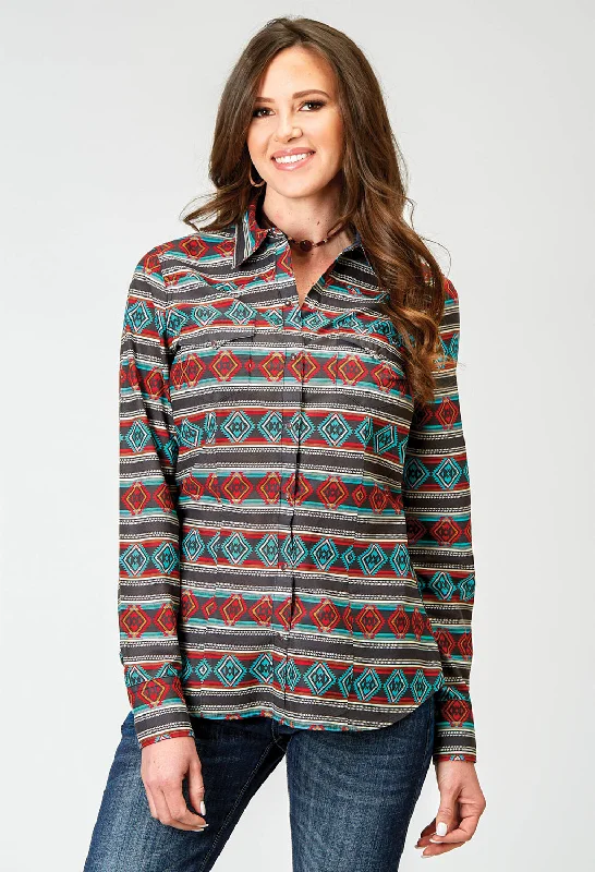 Roper Womens 1898 Aztec Stripe Red Multi 100% Cotton L/S Shirt Relaxed Fit Short Sleeve Top