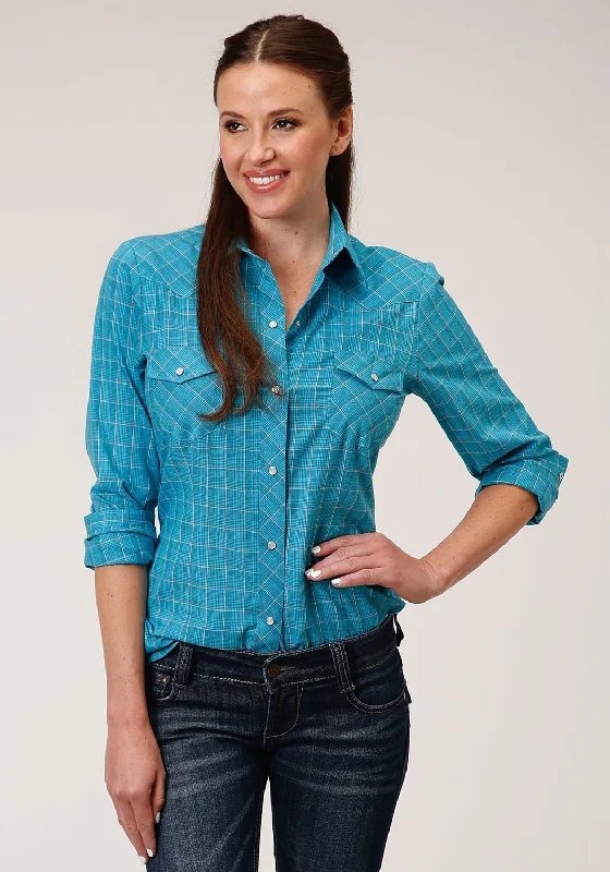 Roper Womens 55/45 Windowpane Turquoise Cotton Blend L/S Shirt Relaxed Fit Short Shirt