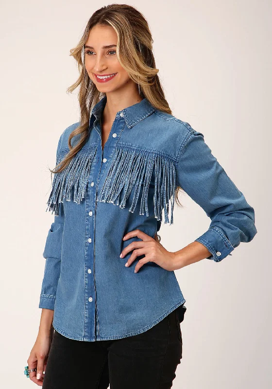 Roper Womens Medium Fringe Blue 100% Cotton L/S Shirt Elegant Lace-Trimmed Short Shirt